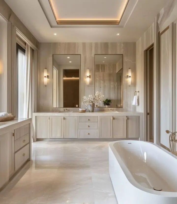 A bathroom with two sinks and a tub.