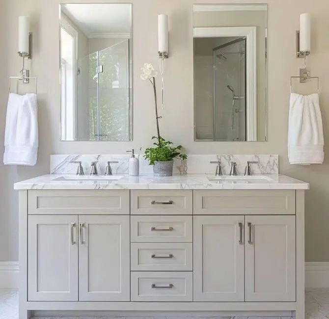 A bathroom with two mirrors and a double sink.