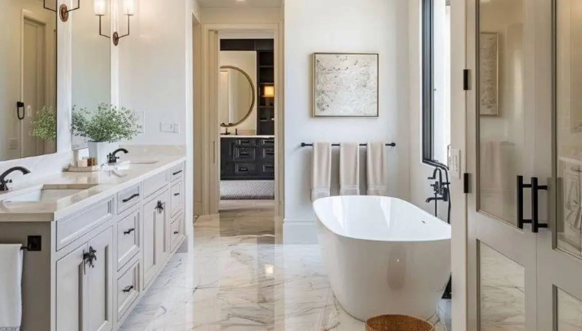 A bathroom with marble floors and walls.