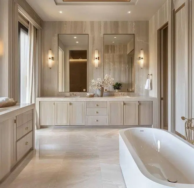 A bathroom with two sinks and a large tub.