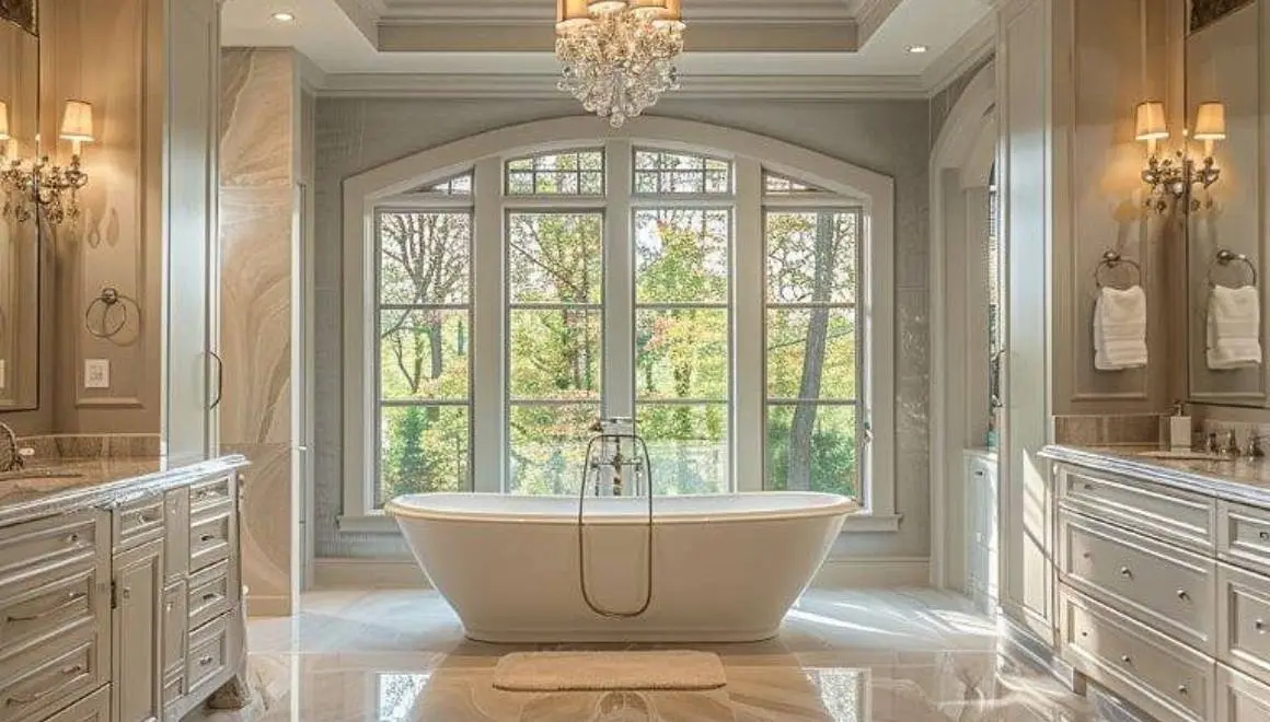 A large bathroom with a tub and chandelier