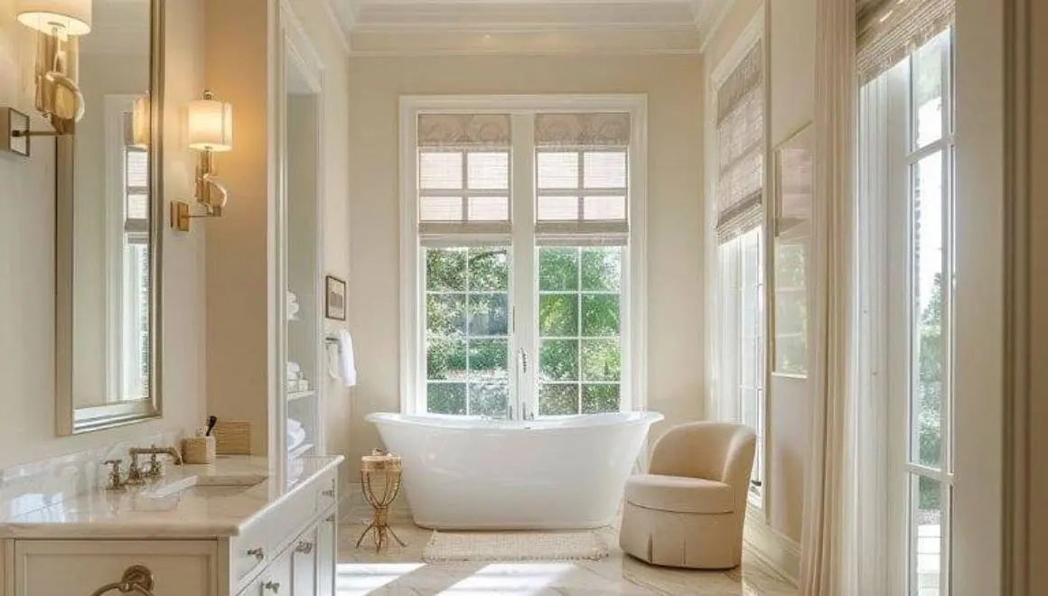 A bathroom with two large windows and a tub.