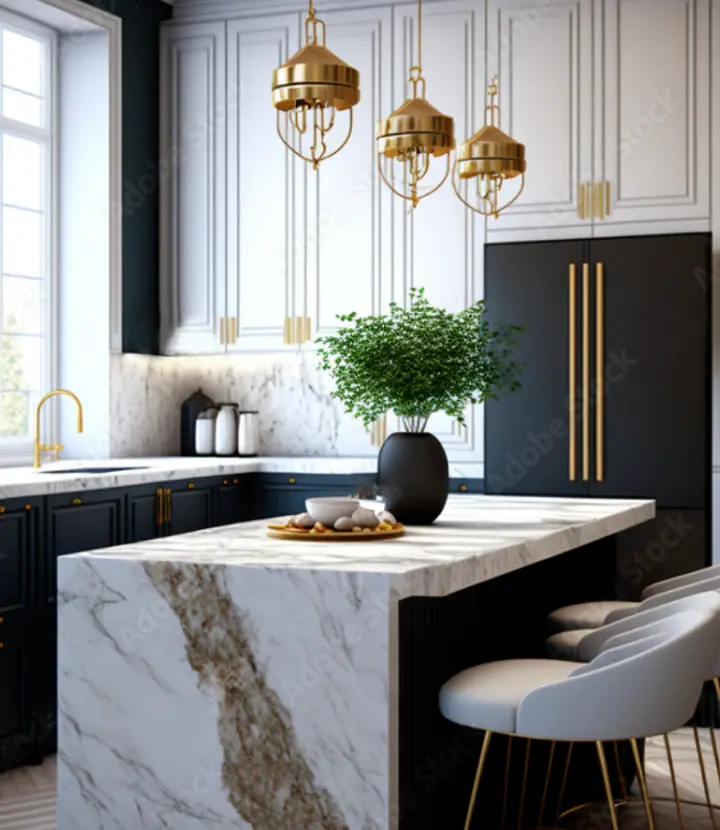 A kitchen with marble counter tops and gold fixtures.