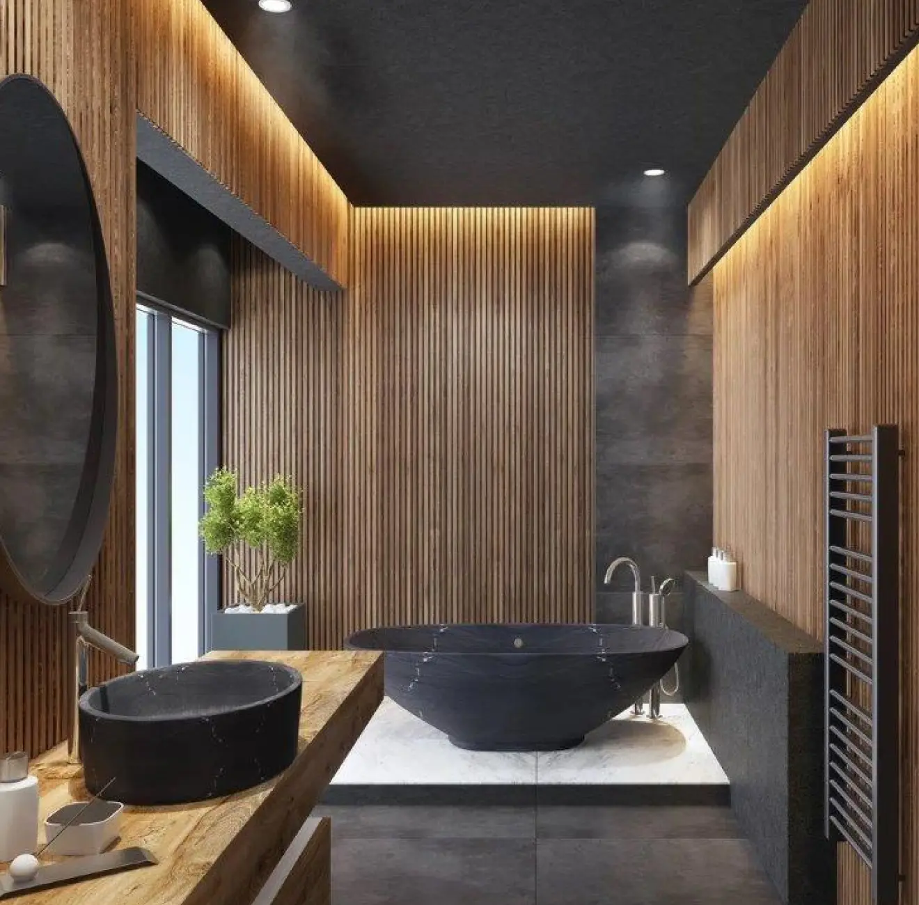 A bathroom with wood paneling and black fixtures.