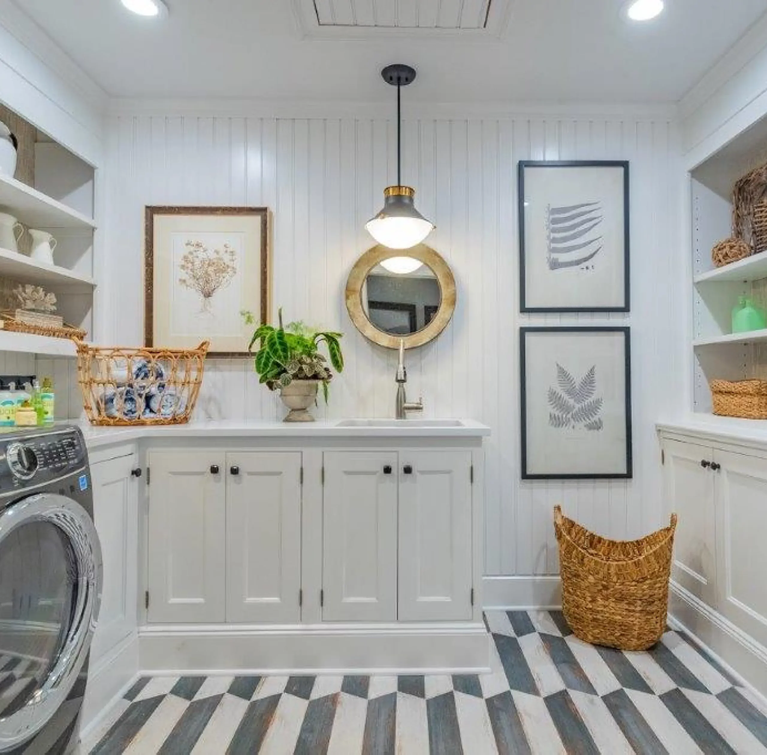 A white and black striped floor in the laundry room