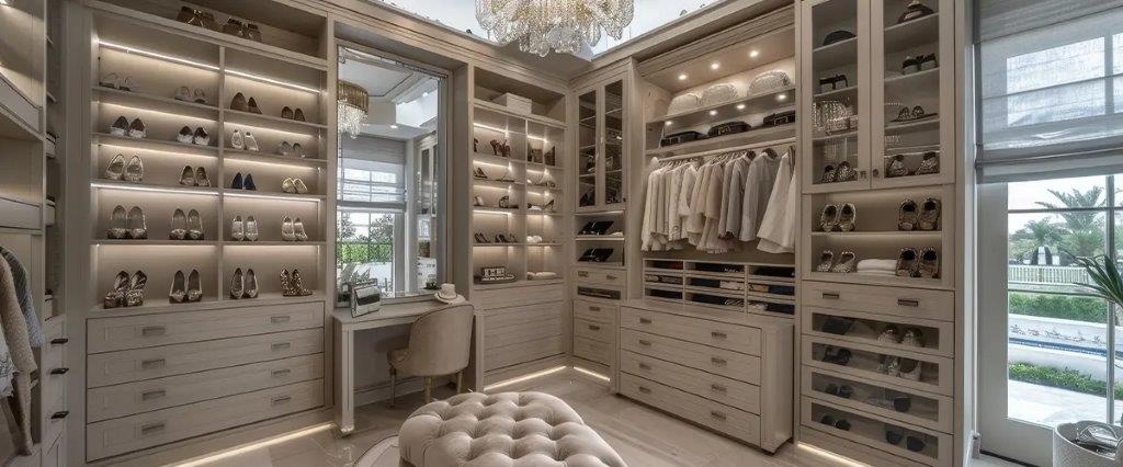 A large walk in closet with many drawers and shelves.